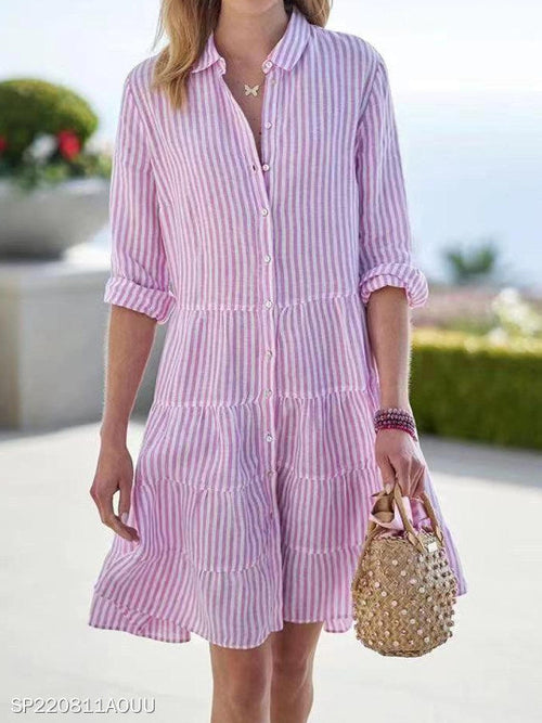Ins Striped Long-sleeved Shirt Dress Fashion Lapel Button Dresses For