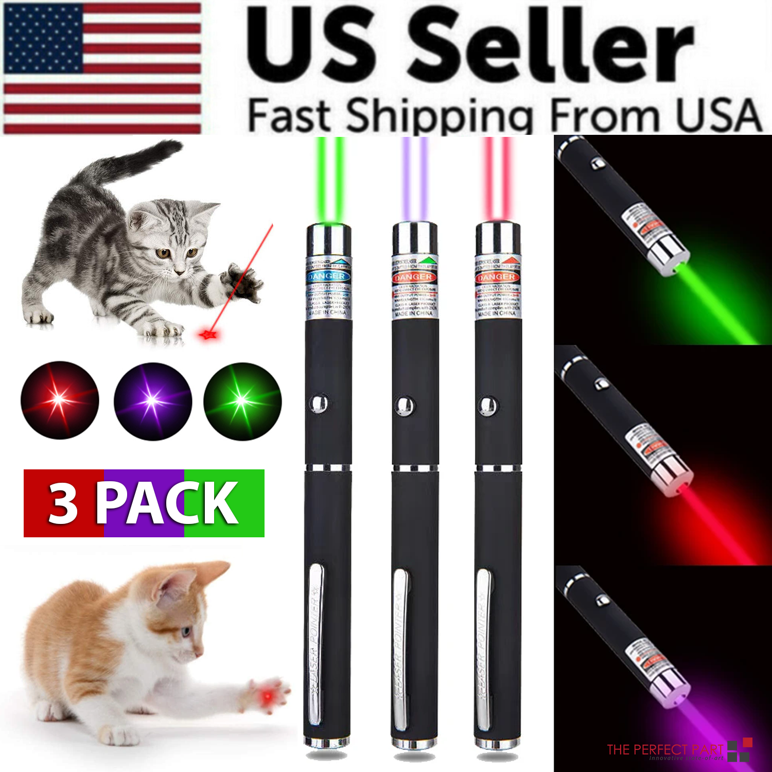 3 Packs 900Mile Laser Pointer Pen Green Blue Red Light Visible Beam