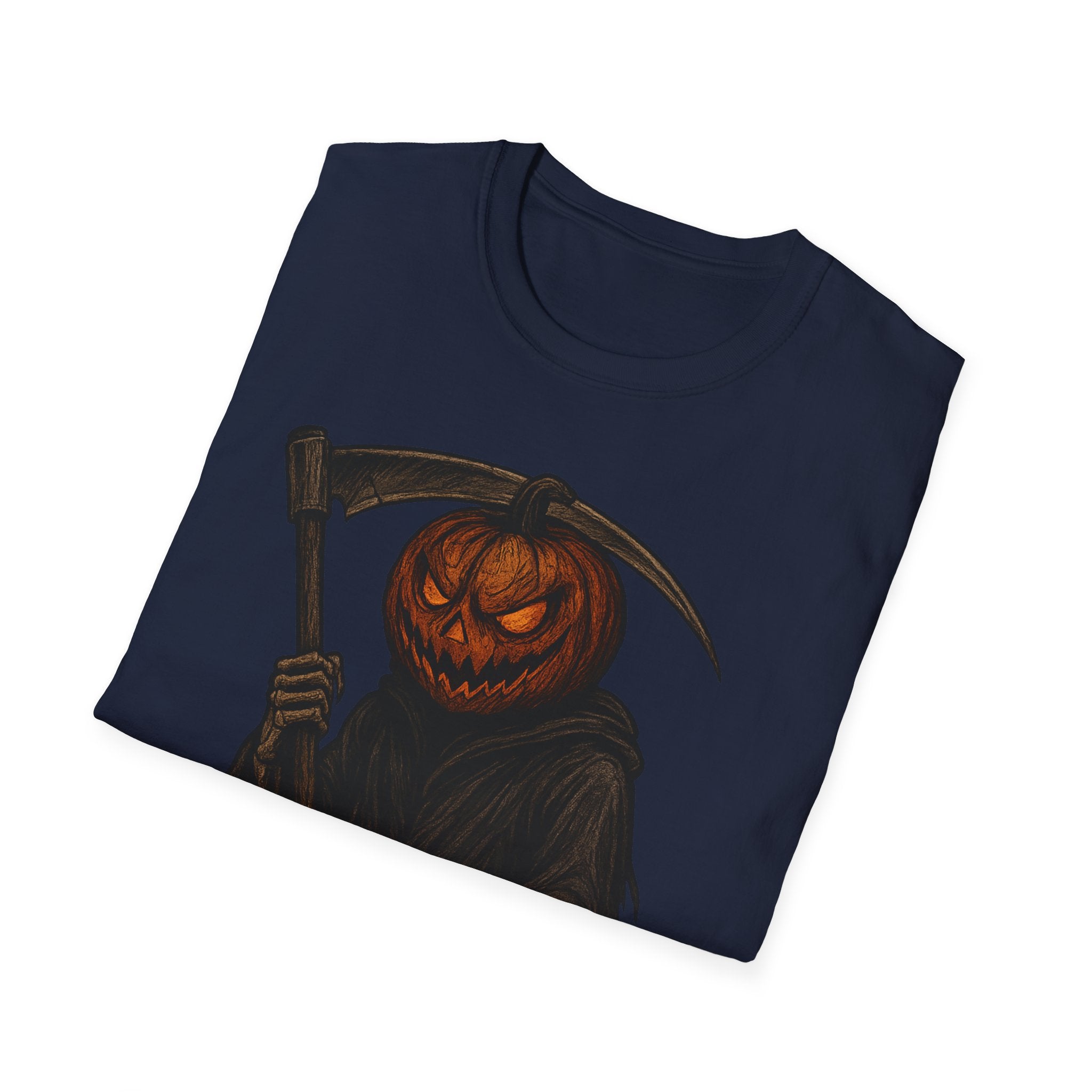 Spooky Pumpkin Grim Reaper T-Shirt, Halloween Shirt, Unisex Graphic Tee, Fall Fashion, Skull Shirt, Unique Gift Idea