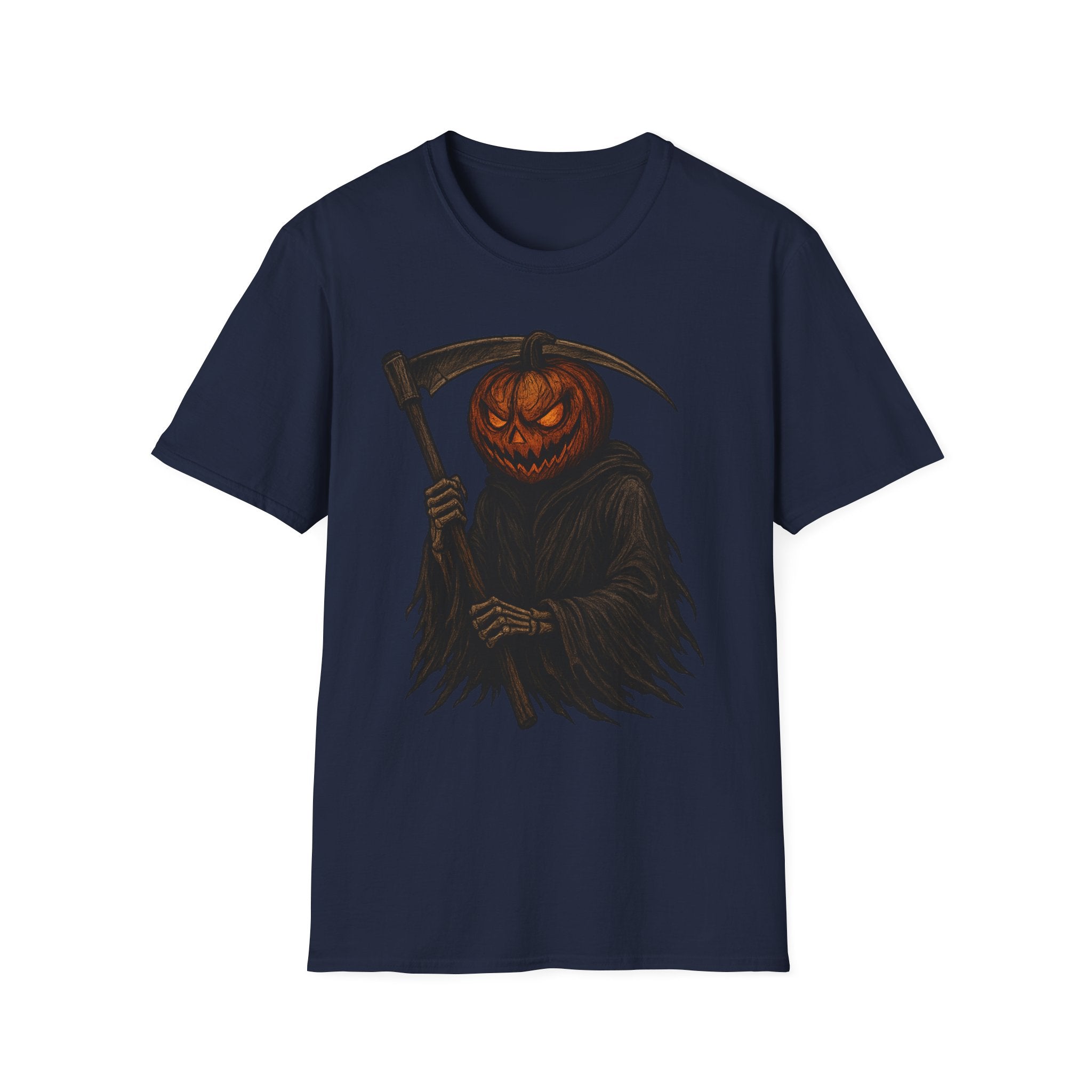 Spooky Pumpkin Grim Reaper T-Shirt, Halloween Shirt, Unisex Graphic Tee, Fall Fashion, Skull Shirt, Unique Gift Idea