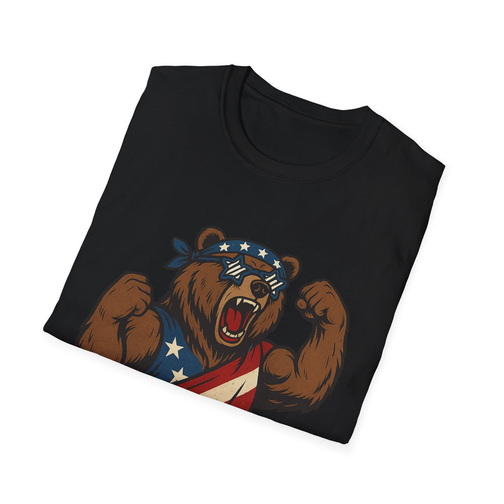Patriotic Bear T-Shirt Unisex Softstyle Tee,USA Flag Design, Casual Wear, Independence Day Shirt, Gift for Outdoors Enthusiasts,4th of July