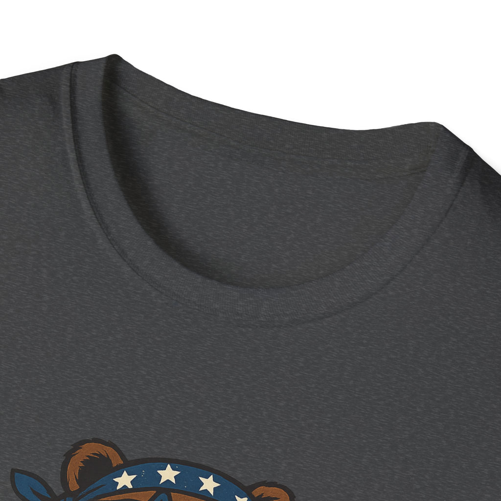 Patriotic Bear T-Shirt Unisex Softstyle Tee,USA Flag Design, Casual Wear, Independence Day Shirt, Gift for Outdoors Enthusiasts,4th of July
