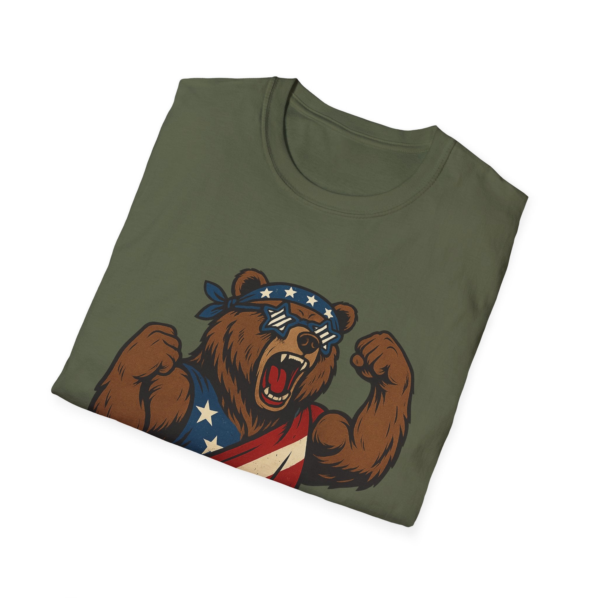 Patriotic Bear T-Shirt Unisex Softstyle Tee,USA Flag Design, Casual Wear, Independence Day Shirt, Gift for Outdoors Enthusiasts,4th of July