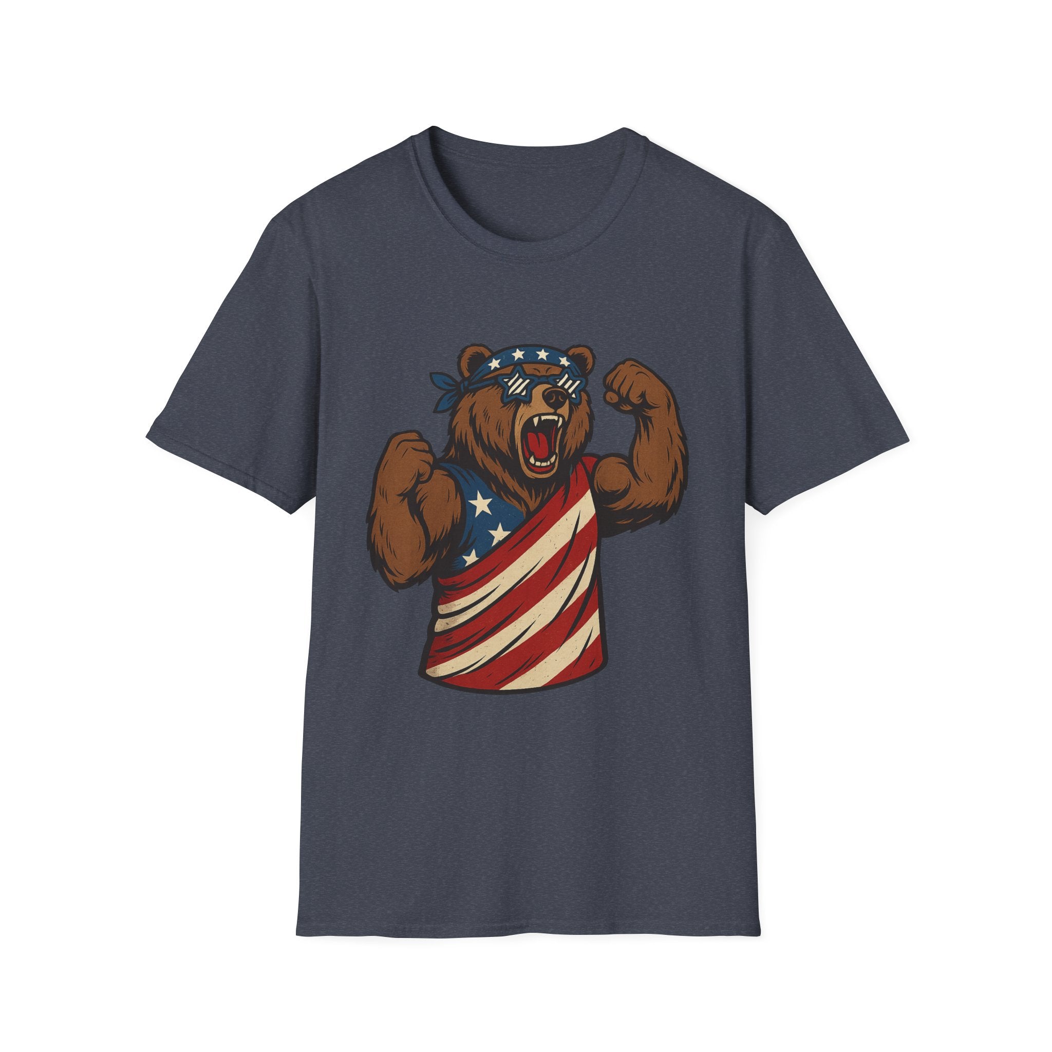 Patriotic Bear T-Shirt Unisex Softstyle Tee,USA Flag Design, Casual Wear, Independence Day Shirt, Gift for Outdoors Enthusiasts,4th of July