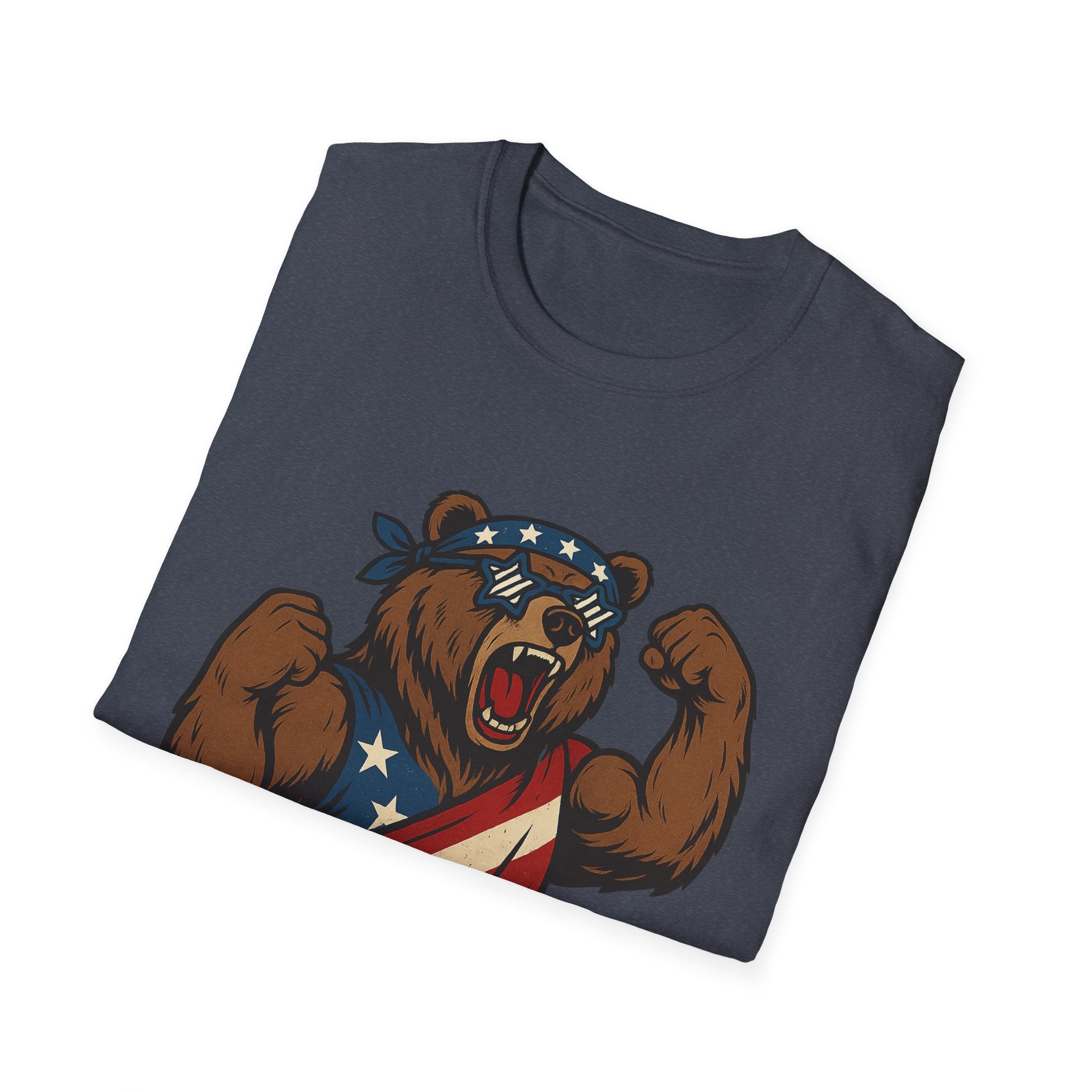 Patriotic Bear T-Shirt Unisex Softstyle Tee,USA Flag Design, Casual Wear, Independence Day Shirt, Gift for Outdoors Enthusiasts,4th of July
