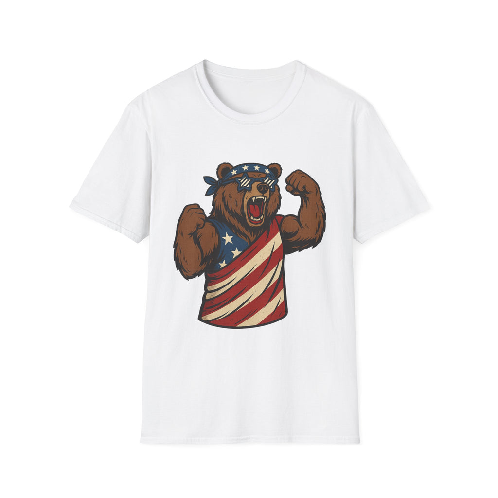 Patriotic Bear T-Shirt Unisex Softstyle Tee,USA Flag Design, Casual Wear, Independence Day Shirt, Gift for Outdoors Enthusiasts,4th of July