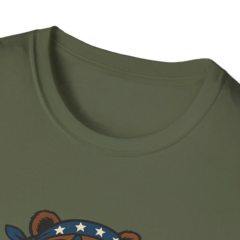 Patriotic Bear T-Shirt Unisex Softstyle Tee,USA Flag Design, Casual Wear, Independence Day Shirt, Gift for Outdoors Enthusiasts,4th of July