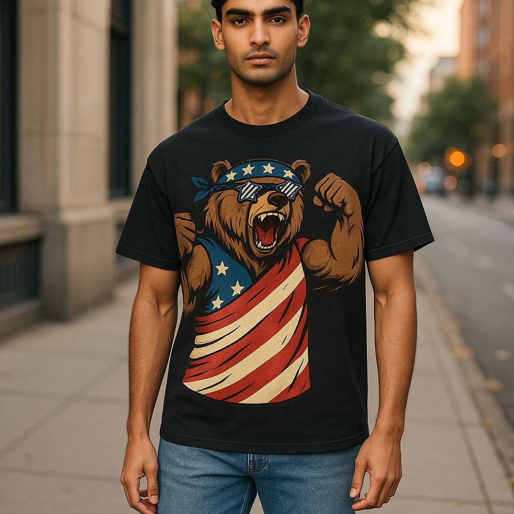 Patriotic Bear T-Shirt Unisex Softstyle Tee,USA Flag Design, Casual Wear, Independence Day Shirt, Gift for Outdoors Enthusiasts,4th of July