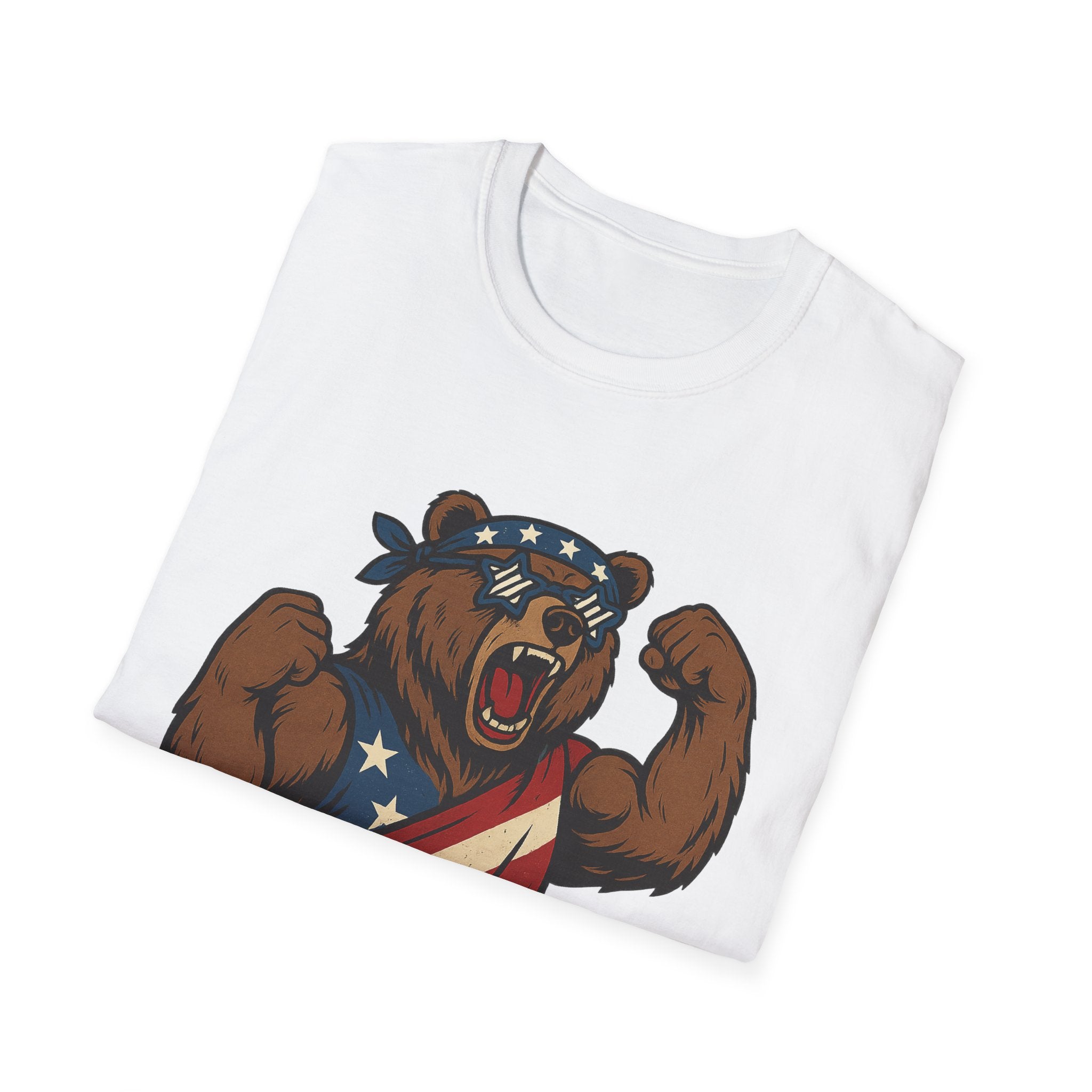 Patriotic Bear T-Shirt Unisex Softstyle Tee,USA Flag Design, Casual Wear, Independence Day Shirt, Gift for Outdoors Enthusiasts,4th of July