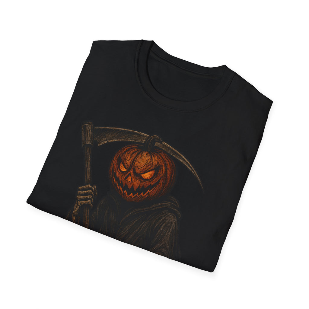 Spooky Pumpkin Grim Reaper T-Shirt, Halloween Shirt, Unisex Graphic Tee, Fall Fashion, Skull Shirt, Unique Gift Idea