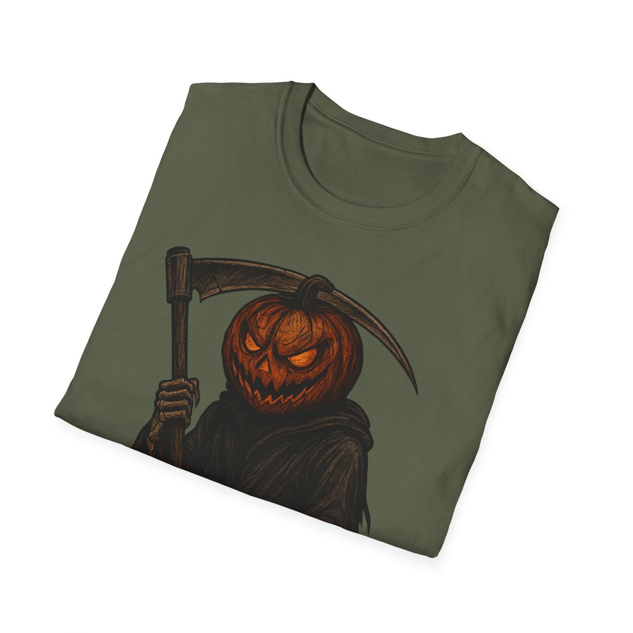 Spooky Pumpkin Grim Reaper T-Shirt, Halloween Shirt, Unisex Graphic Tee, Fall Fashion, Skull Shirt, Unique Gift Idea