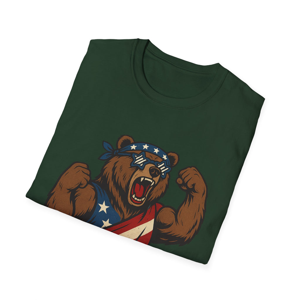 Patriotic Bear T-Shirt Unisex Softstyle Tee,USA Flag Design, Casual Wear, Independence Day Shirt, Gift for Outdoors Enthusiasts,4th of July