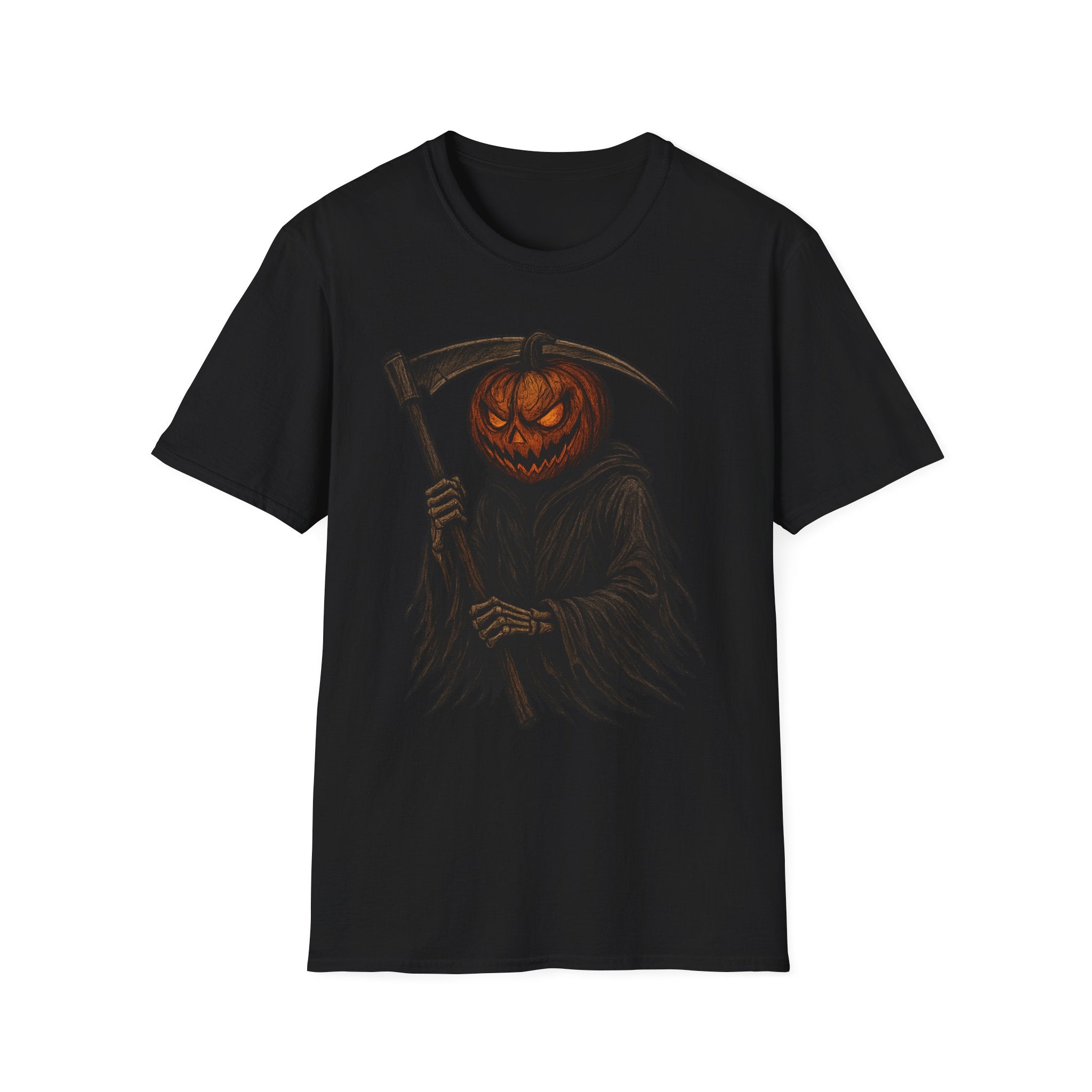 Spooky Pumpkin Grim Reaper T-Shirt, Halloween Shirt, Unisex Graphic Tee, Fall Fashion, Skull Shirt, Unique Gift Idea