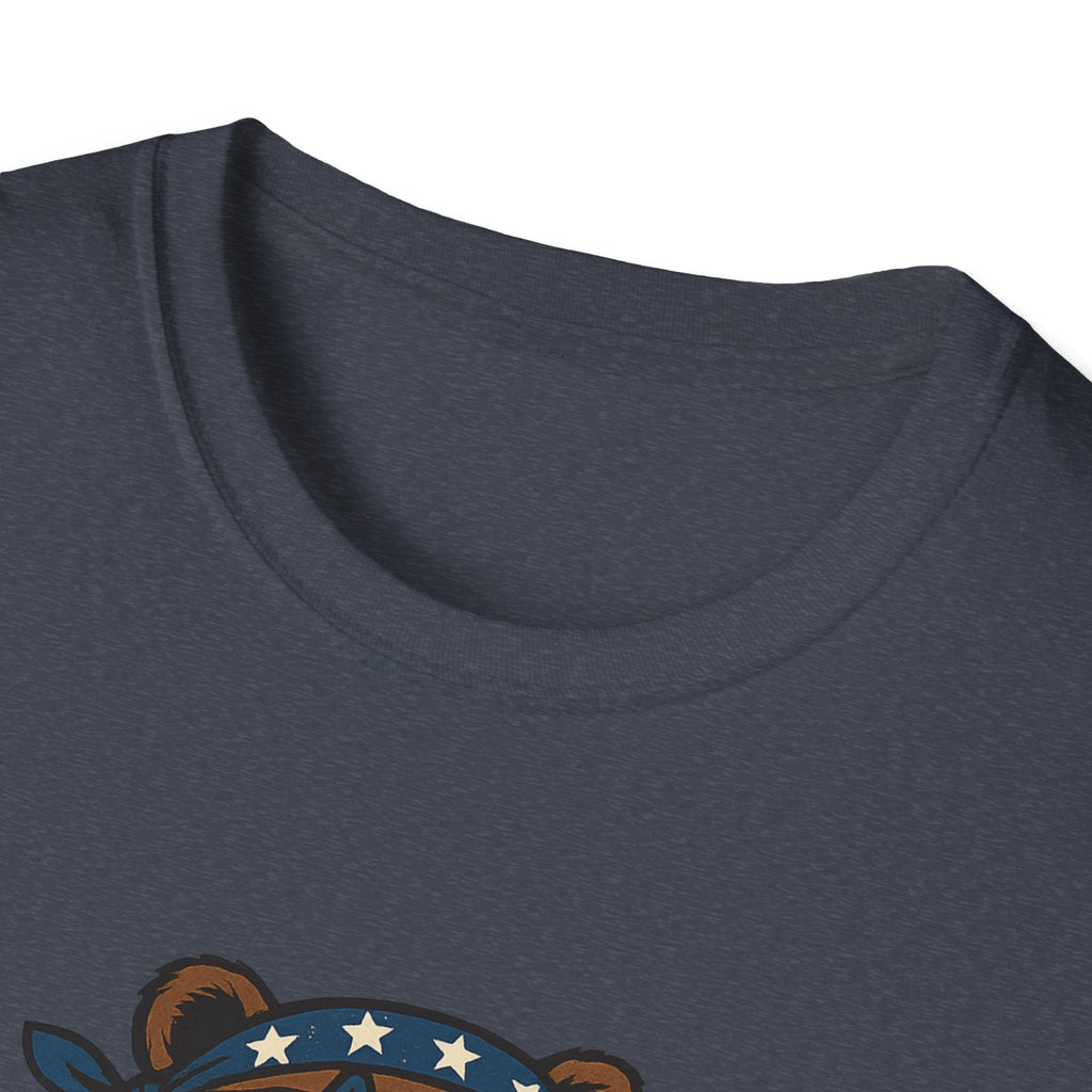 Patriotic Bear T-Shirt Unisex Softstyle Tee,USA Flag Design, Casual Wear, Independence Day Shirt, Gift for Outdoors Enthusiasts,4th of July