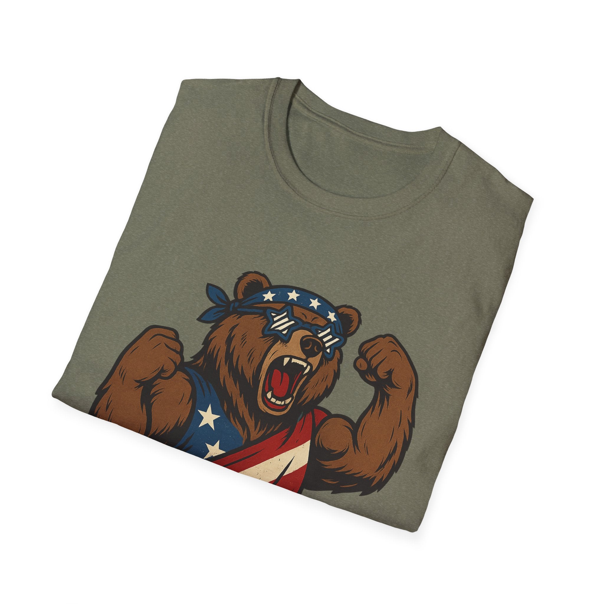 Patriotic Bear T-Shirt Unisex Softstyle Tee,USA Flag Design, Casual Wear, Independence Day Shirt, Gift for Outdoors Enthusiasts,4th of July
