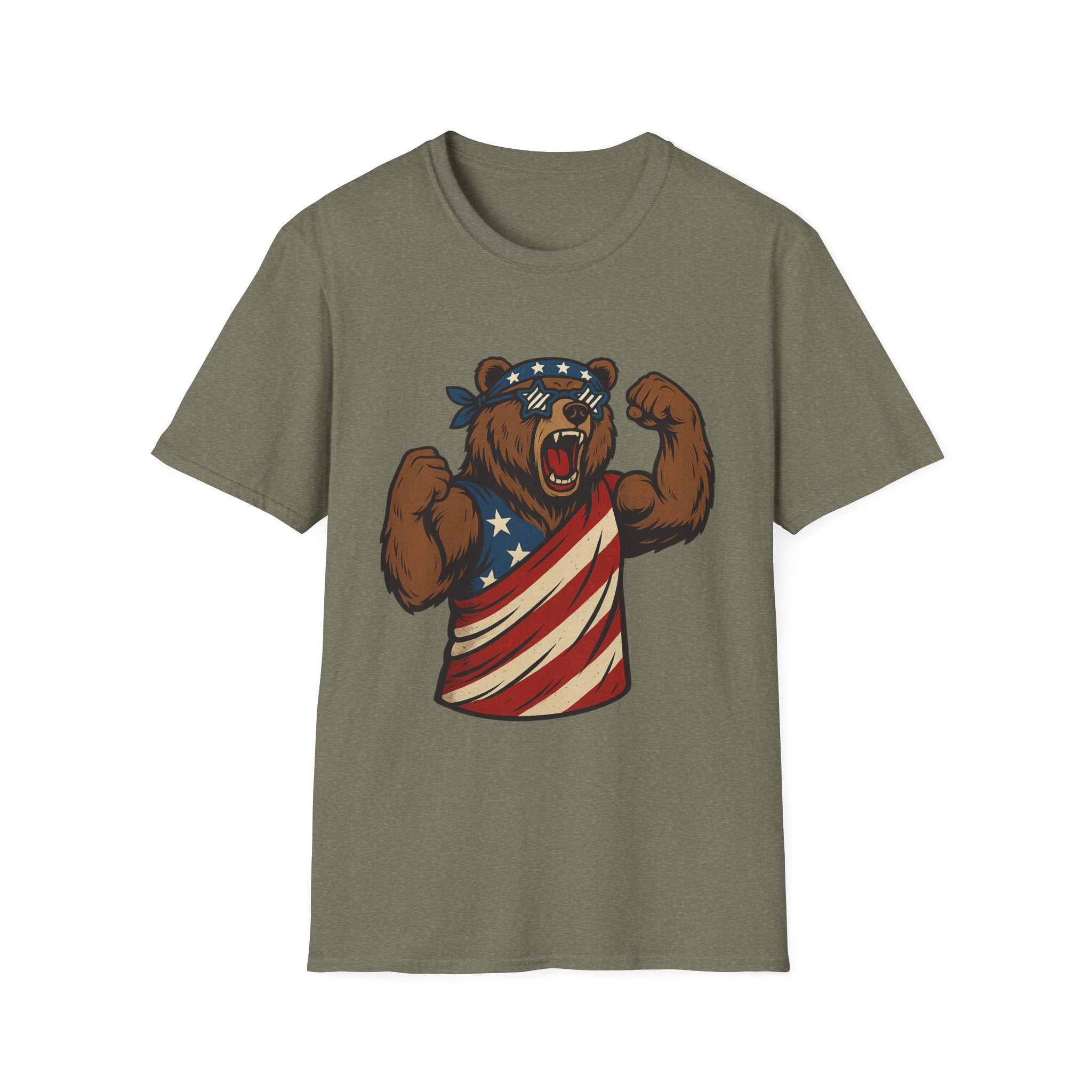 Patriotic Bear T-Shirt Unisex Softstyle Tee,USA Flag Design, Casual Wear, Independence Day Shirt, Gift for Outdoors Enthusiasts,4th of July