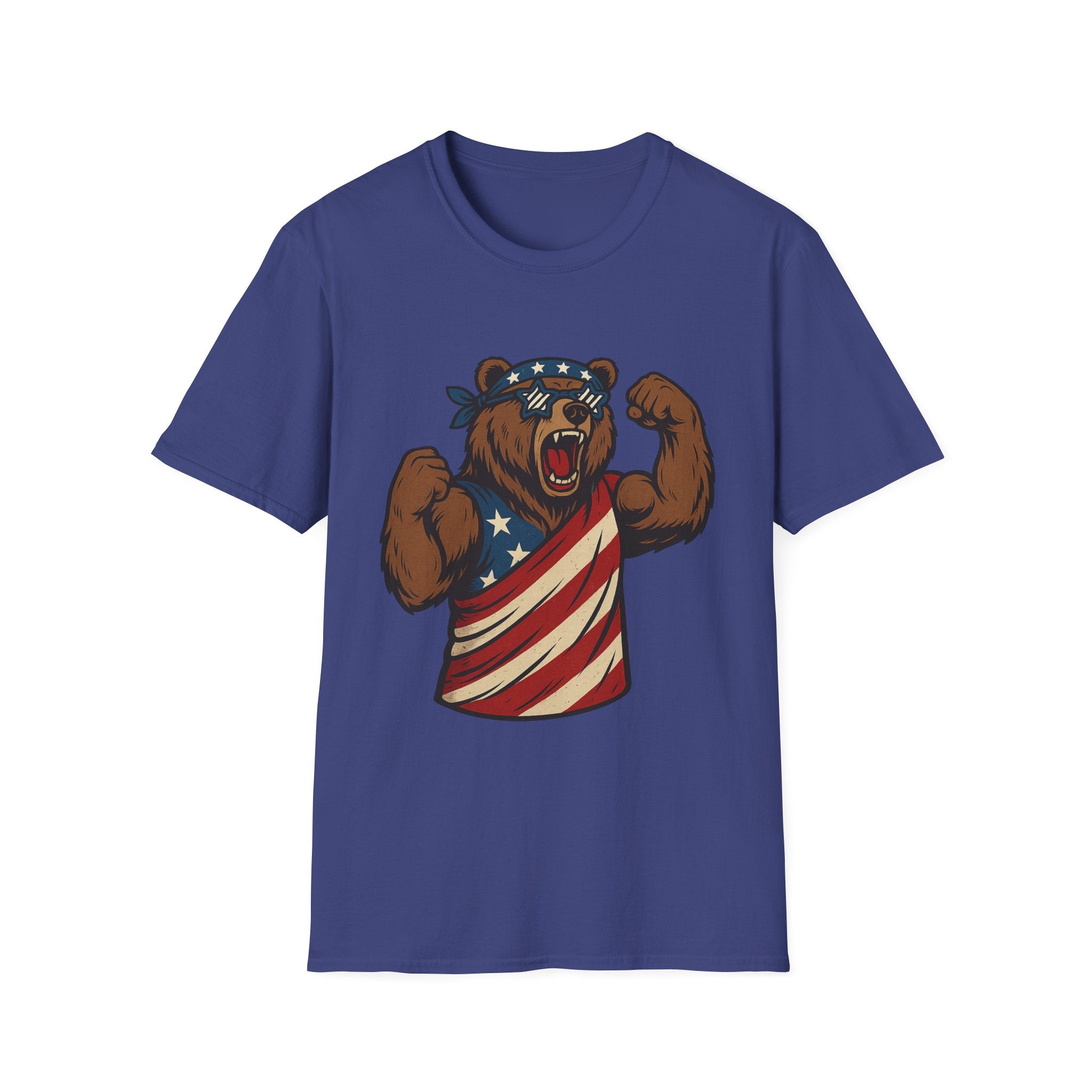 Patriotic Bear T-Shirt Unisex Softstyle Tee,USA Flag Design, Casual Wear, Independence Day Shirt, Gift for Outdoors Enthusiasts,4th of July
