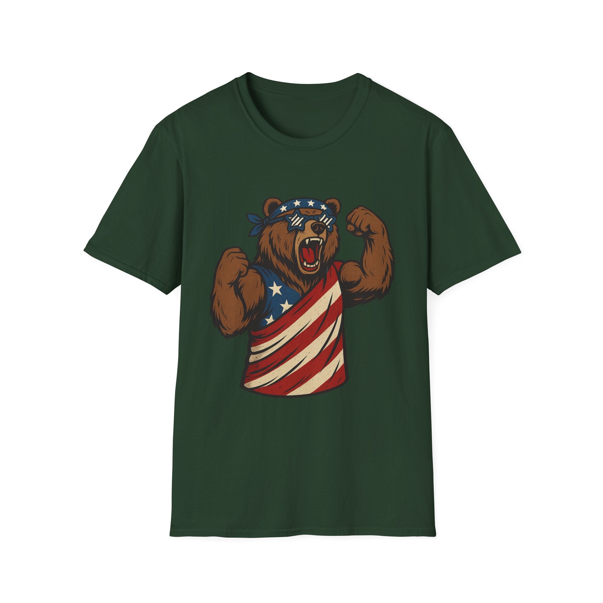 Patriotic Bear T-Shirt Unisex Softstyle Tee,USA Flag Design, Casual Wear, Independence Day Shirt, Gift for Outdoors Enthusiasts,4th of July