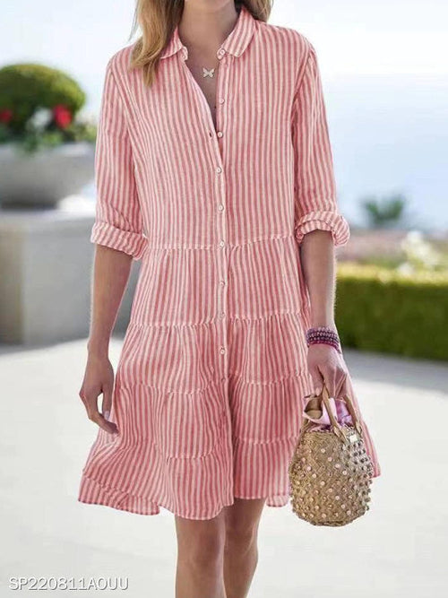 Ins Striped Long-sleeved Shirt Dress Fashion Lapel Button Dresses For