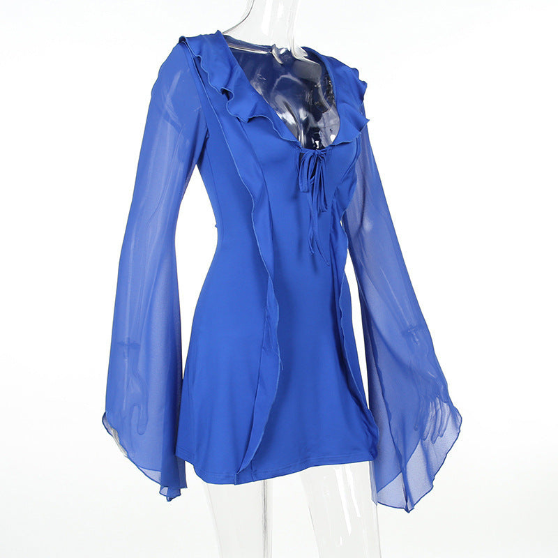 Sexy Ruffled V-neck Lace-up Long-sleeved Dress Fashion Y2K Skirt Slim