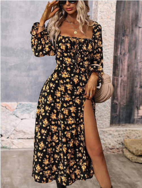 Flowers Printing Long Sleeve Dress Fashion Square-neck Bottom Slit