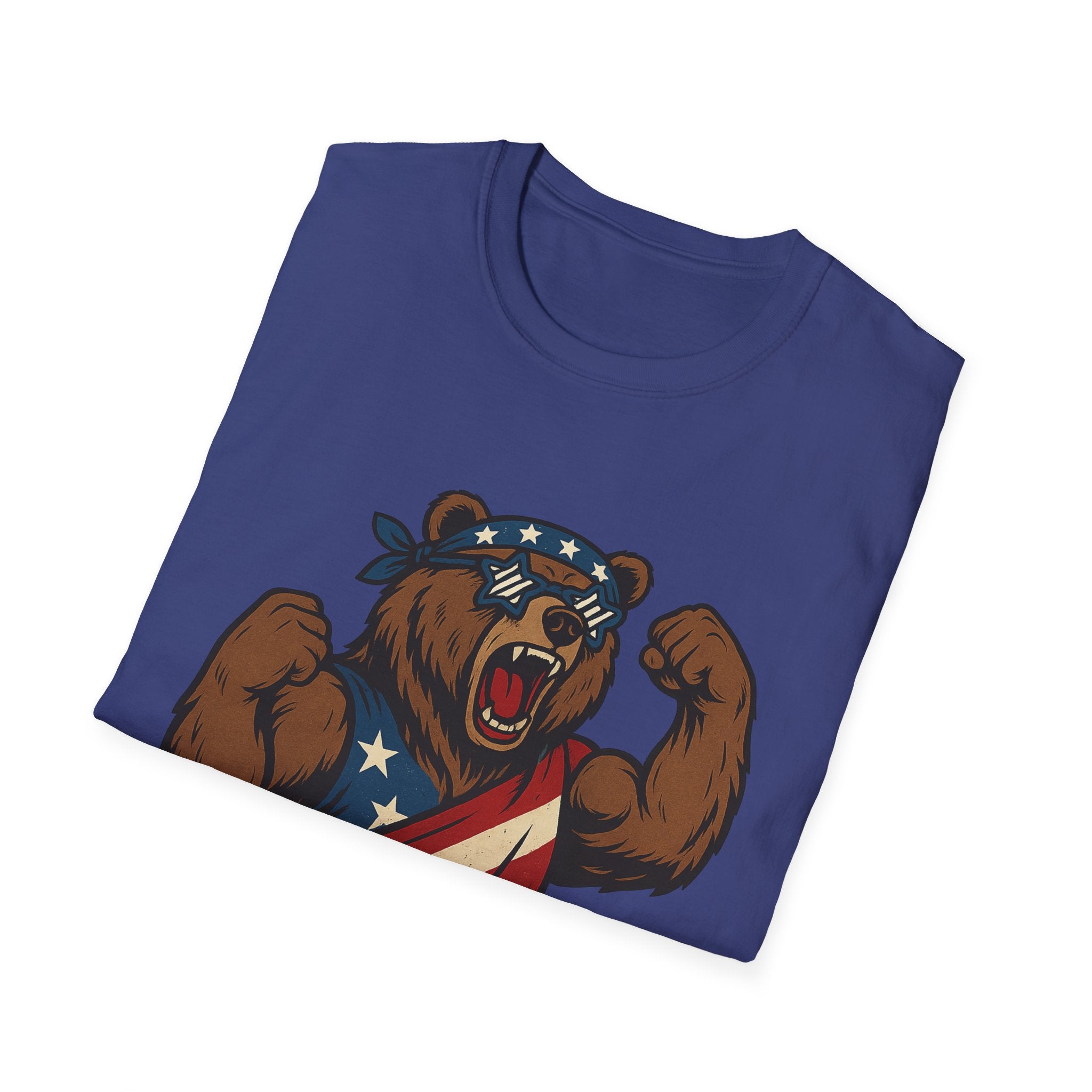 Patriotic Bear T-Shirt Unisex Softstyle Tee,USA Flag Design, Casual Wear, Independence Day Shirt, Gift for Outdoors Enthusiasts,4th of July