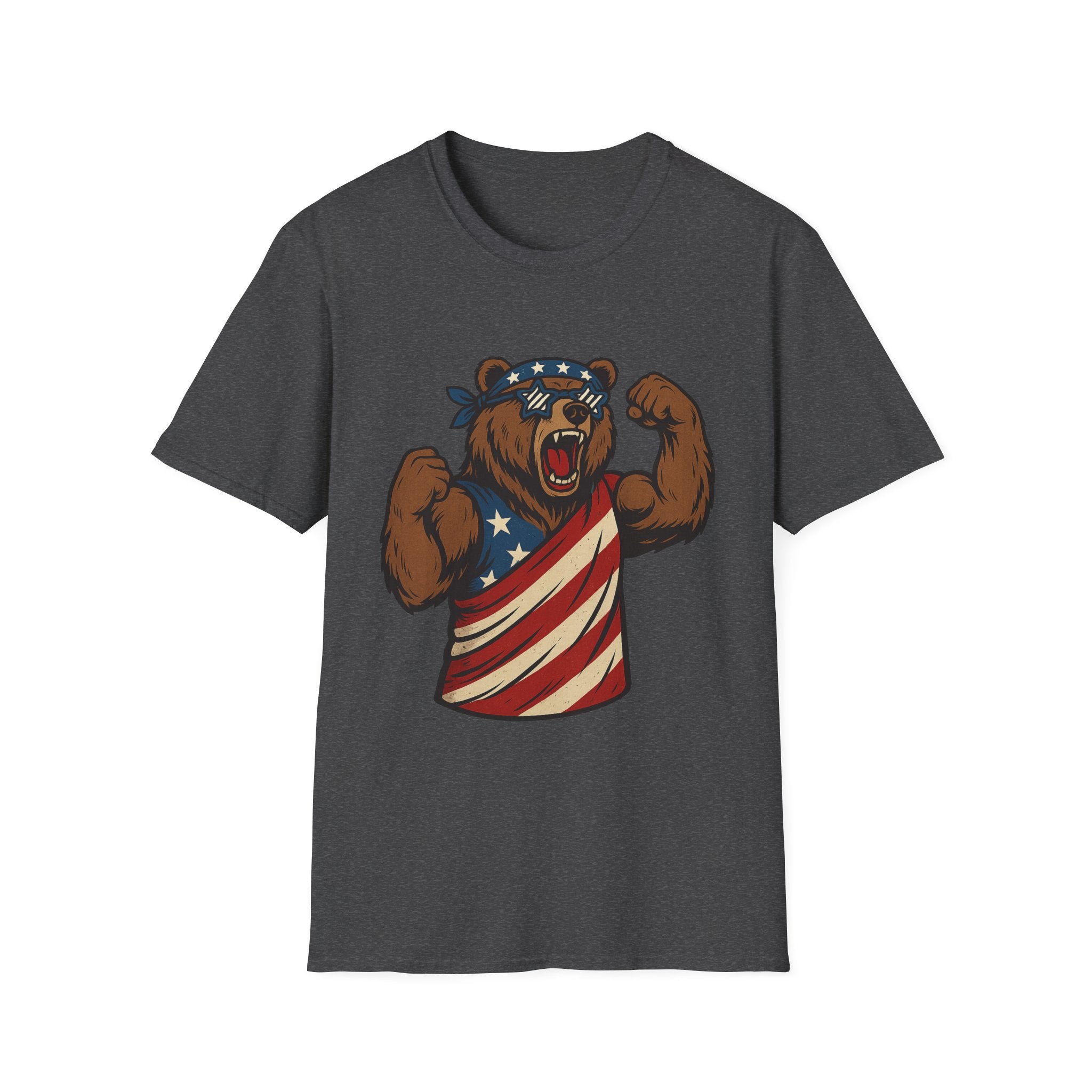 Patriotic Bear T-Shirt Unisex Softstyle Tee,USA Flag Design, Casual Wear, Independence Day Shirt, Gift for Outdoors Enthusiasts,4th of July