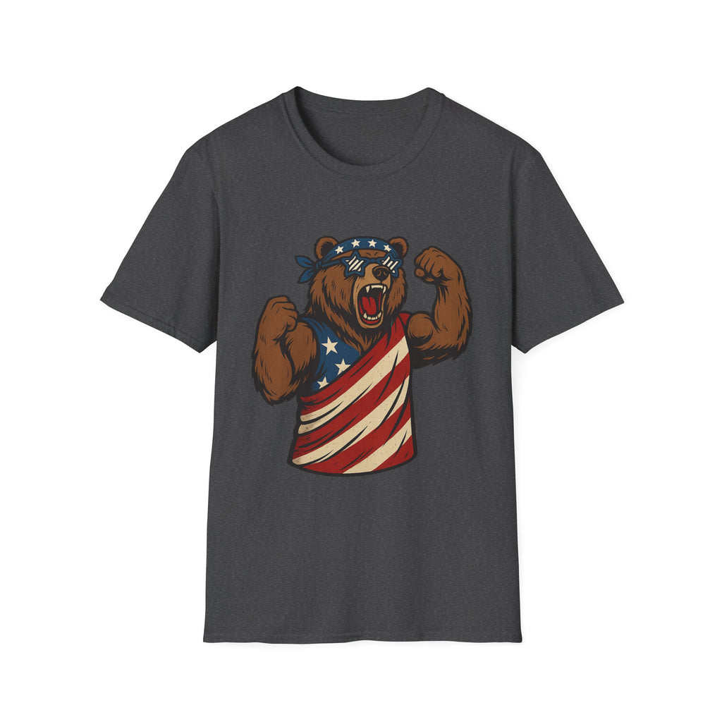 Patriotic Bear T-Shirt Unisex Softstyle Tee,USA Flag Design, Casual Wear, Independence Day Shirt, Gift for Outdoors Enthusiasts,4th of July