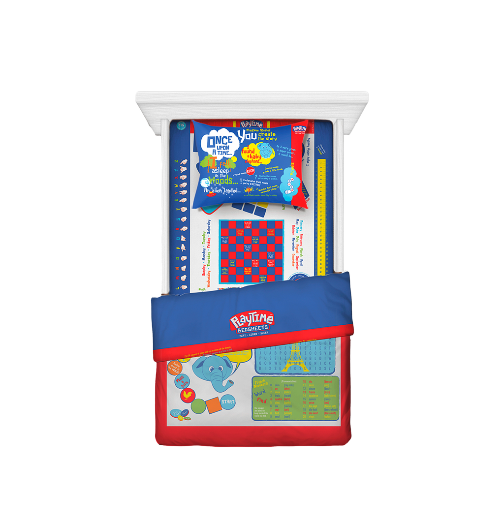 Playtime Bed Sheets Twin. 65 Fun Interactive Games & Puzzles. Blue