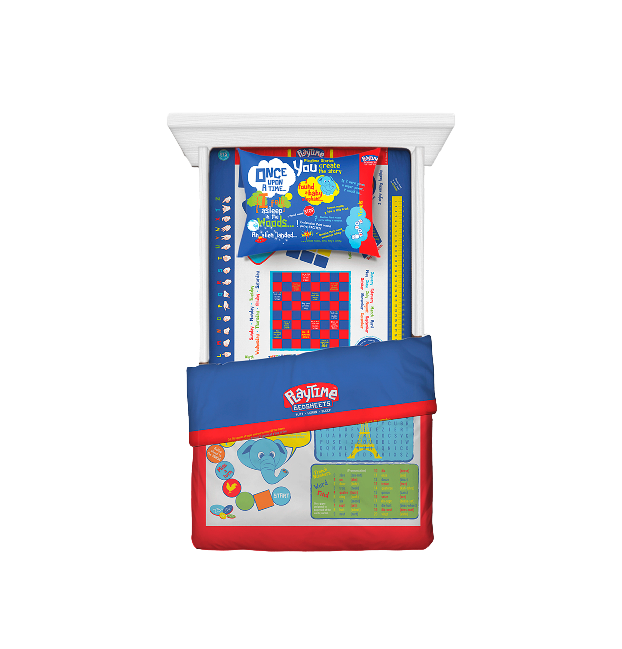 Playtime Bed Sheets Twin. 65 Fun Interactive Games & Puzzles. Blue