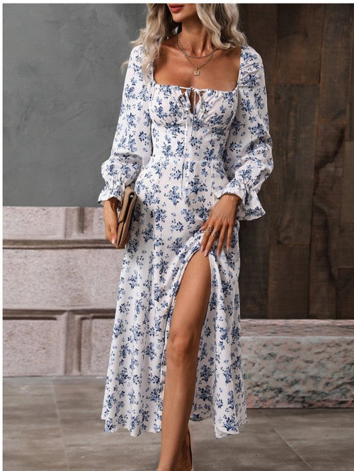 Flowers Printing Long Sleeve Dress Fashion Square-neck Bottom Slit